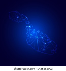 Low poly map of Malta with lights, communication, trendy triangles design. Wire frame concept.