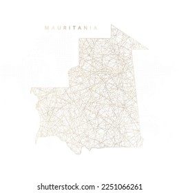 Mapa de baja polilla de Mauritania. Mazo de cables polígono dorado. Vector de brillo con partículas de oro sobre fondo blanco. Ilustración vectorial eps 10.
