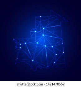 Low poly map of Mauritania with lights, communication, trendy triangles design. Wire frame concept.