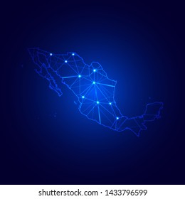 Low poly map of Mexico with lights, communication, trendy triangles design. Wire frame concept.