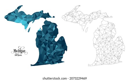 Low-Poly-Karte des Bundesstaates Michigan (USA). Polygonal geformte Vektorgrafik auf weißem Hintergrund. Staaten des amerikanischen Hoheitsgebiets.