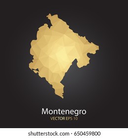 Low poly map of Montenegro. Gold Polygonal shape on black background. Vector illustration eps 10.
