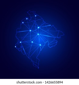 Low poly map of Montenegro with lights, communication, trendy triangles design. Wire frame concept.