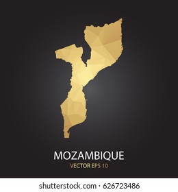 Low poly map of Mozambique. Gold Polygonal shape on black background. Vector illustration eps 10.