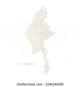 Low poly map of Myanmar. Gold polygonal wireframe. Glittering vector with gold particles on white background. Vector illustration eps 10.