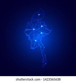 Low poly map of Myanmar with lights, communication, trendy triangles design. Wire frame concept.