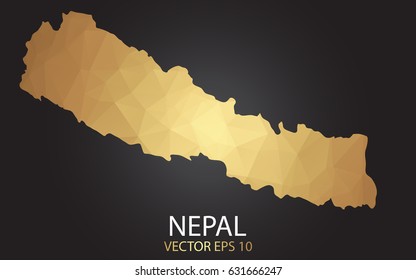 Low poly map of Nepal. Gold Polygonal shape on black background. Vector illustration eps 10.