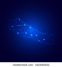 Low poly map of Nepal with lights, communication, trendy triangles design. Wire frame concept.