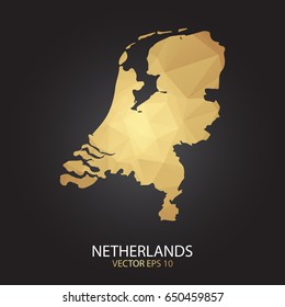 Low poly map of Netherlands. Gold Polygonal shape on black background. Vector illustration eps 10.