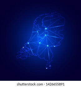 Low poly map of Netherlands with lights, communication, trendy triangles design. Wire frame concept.