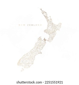 Low poly map of New Zealand. Gold polygonal wireframe. Glittering vector with gold particles on white background. Vector illustration eps 10.