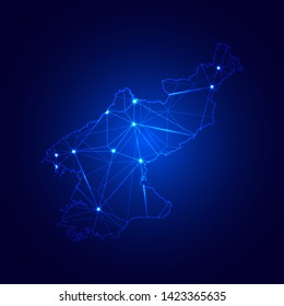 Low poly map of North Korea with lights, communication, trendy triangles design. Wire frame concept.