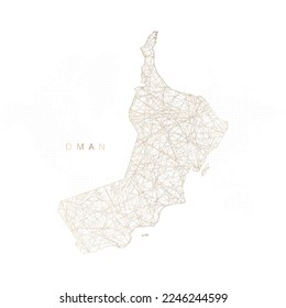 Low poly map of Oman. Gold polygonal wireframe. Glittering vector with gold particles on white background. Vector illustration eps 10.