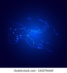 Low poly map of Papua New Guinea with lights, communication, trendy triangles design. Wire frame concept.