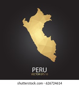 Low poly map of Peru. Gold Polygonal shape on black background. Vector illustration eps 10.