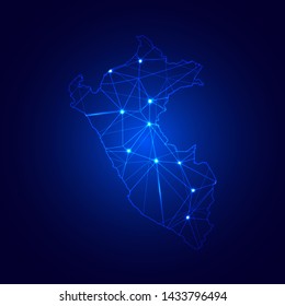 Low poly map of Peru with lights, communication, trendy triangles design. Wire frame concept.