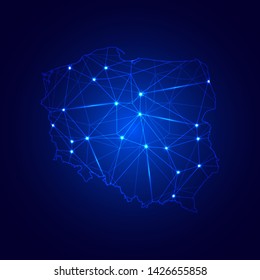 Low poly map of Poland with lights, communication, trendy triangles design. Wire frame concept.