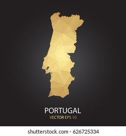 Low poly map of Portugal. Gold Polygonal shape on black background. Vector illustration eps 10.
