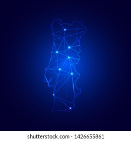 Low poly map of Portugal with lights, communication, trendy triangles design. Wire frame concept.