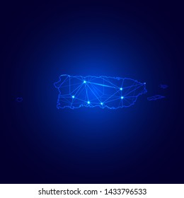 Low poly map of Puerto Rico with lights, communication, trendy triangles design. Wire frame concept.
