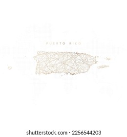 Low poly map of Puerto Rico. Gold polygonal wireframe. Glittering vector with gold particles on white background. Vector illustration eps 10.