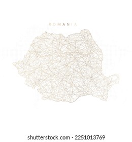 Mapa de baja polilla de Rumania. Mazo de cables polígono dorado. Vector de brillo con partículas de oro sobre fondo blanco. Ilustración vectorial eps 10.