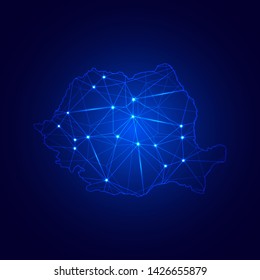Low poly map of Romania with lights, communication, trendy triangles design. Wire frame concept.