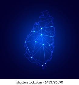 Low poly map of Saint Lucia with lights, communication, trendy triangles design. Wire frame concept.
