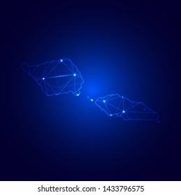 Low poly map of Samoa with lights, communication, trendy triangles design. Wire frame concept.