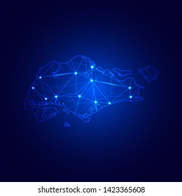 Low poly map of Singapore with lights, communication, trendy triangles design. Wire frame concept.
