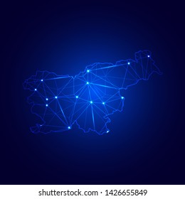 Low poly map of Slovenia with lights, communication, trendy triangles design. Wire frame concept.