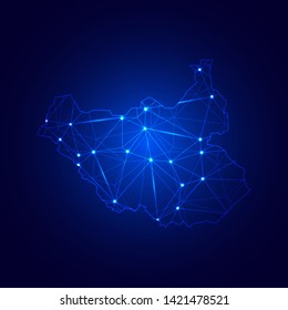 Low poly map of South Sudan with lights, communication, trendy triangles design. Wire frame concept.