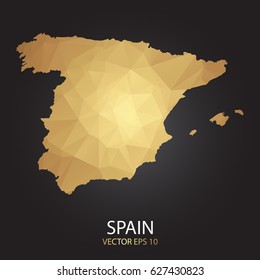 Low poly map of Spain. Gold Polygonal shape on black background. Vector illustration eps 10.