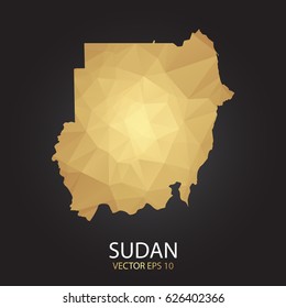 Low poly map of Sudan. Gold Polygonal shape on black background. Vector illustration eps 10.