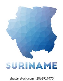 Low poly map of Suriname. Geometric illustration of the country. Suriname polygonal map. Technology, internet, network concept. Vector illustration.