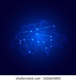 Low poly map of Switzerland with lights, communication, trendy triangles design. Wire frame concept.