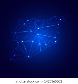 Low poly map of Syria with lights, communication, trendy triangles design. Wire frame concept.