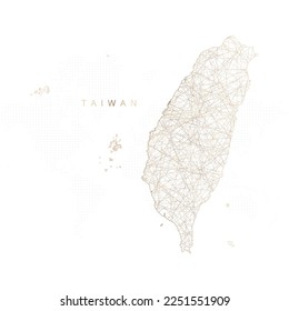 Low poly map of Taiwan. Gold polygonal wireframe. Glittering vector with gold particles on white background. Vector illustration eps 10.