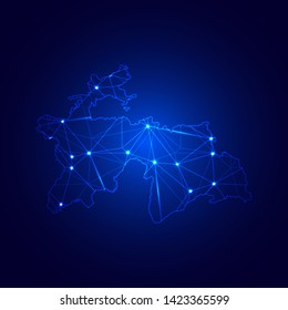 Low poly map of Tajikistan with lights, communication, trendy triangles design. Wire frame concept.
