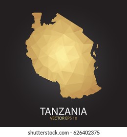 Low poly map of Tanzania. Gold Polygonal shape on black background. Vector illustration eps 10.