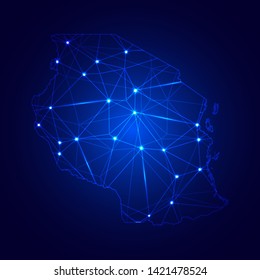 Low poly map of Tanzania with lights, communication, trendy triangles design. Wire frame concept.