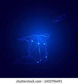 Low poly map of Trinidad and Tobago with lights, communication, trendy triangles design. Wire frame concept.