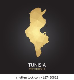 Low poly map of Tunisia. Gold Polygonal shape on black background. Vector illustration eps 10.