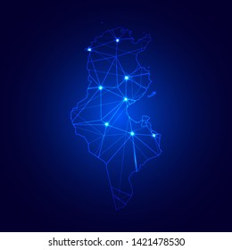 Low poly map of Tunisia with lights, communication, trendy triangles design. Wire frame concept.