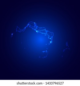 Low poly map of Turks and Caicos Island with lights, communication, trendy triangles design. Wire frame concept.