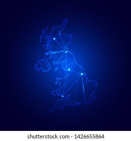 Low poly map of United Kingdom with lights, communication, trendy triangles design. Wire frame concept.