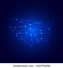 Low poly map of United States of America with lights, communication, trendy triangles design. Wire frame concept.