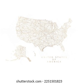 Mapa de baja polilla de los Estados Unidos de América. Mazo de cables polígono dorado. Vector de brillo con partículas de oro sobre fondo blanco. Ilustración vectorial eps 10.