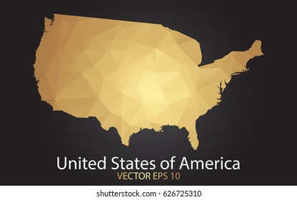 Low poly map of United States of America. Gold Polygonal shape on black background. Vector illustration eps 10.