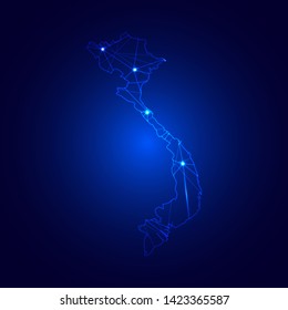 Low poly map of Vietnam with lights, communication, trendy triangles design. Wire frame concept.